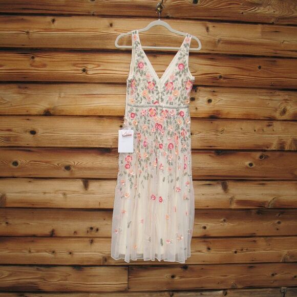 Mac Duggal 5527 Cream V-Neck Sleeveless Midi Floral Beaded A-line Dress $598 - Picture 12 of 15